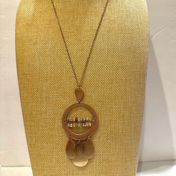 Jade & Jasper Necklace- long gold tone w/ brushed gold beaded pendant teardrop - Picture 6 of 12